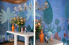 two photographs of vases with flowers on a table in front of a blue wall