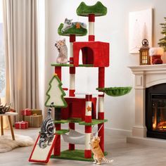 a cat tree in the middle of a living room next to a fire place and fireplace