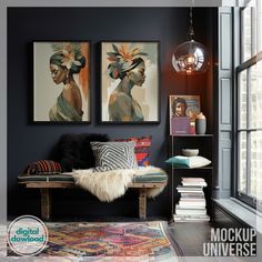 ✨ Present your artwork, designs, or photography in a striking and sophisticated setting with our Dark Gallery Wall Art Set Mockup. Designed with artists, designers, and photographers in mind, this mockup features double black frame set against a rich, dark interior. The space is adorned with colorful, textured pillows and a woven wall hanging, creating a cozy and eclectic atmosphere. This high-resolution mockup offers a perfect blend of modern elegance and artistic flair, making your creations s Dark Eclectic Gallery Wall, Dark Moody Gallery Wall, Goth Gallery Wall, Dark And Moody Wall Art, Moody Maximalist Wall Art, Eclectic Hallway, Eclectic Entryway, Poster Mockup Psd, Modern Entryway