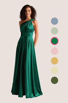 a woman in a long green dress standing next to color swatches and the colors below her