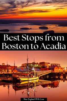 the cover of best stops from boston to acadia, with an image of boats in