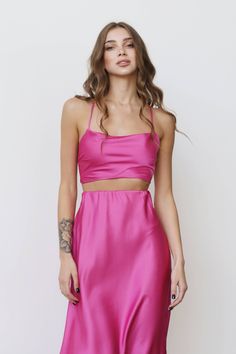 Pink Silk Top, Satin Crop Top, Cami Tank, Fuchsia Set, Skirt Set, Silk Skirt, Spaghetti Strap, Bridesmaid Look, Wedding Guest, Party ⭐Size: Please write your chest and waist and we will make a top to your individual measurements! After you place your order, we may ask you for additional measurements. We do this to ensure that the top fits you perfectly👌😊 ⭐Our fabric: We have used a premium quality satin and 100% silk: it's light and soft, pleasant to wear and easy to wash.  ⭐Shipping: ✈️We hav Elegant Pink Two-piece Dress For Party, Elegant Pink Two-piece Party Dress, Pink Satin Skirt For Party, Pink Satin Party Skirt, Pink Camisole Evening Dress, Pink Camisole Dress For Evening, Pink Fitted Mini Skirt For Evening, Pink Summer Skirt For Prom, Pink Camisole Dress For Party