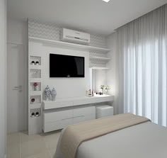 a white bedroom with a flat screen tv mounted on the wall