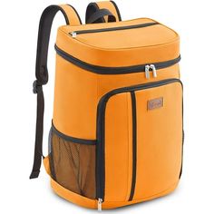 an orange backpack with mesh pocket and zippers on the front, sitting upright against a white background