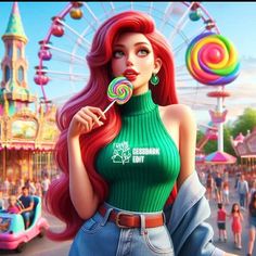 a woman with long red hair holding a lollipop in front of a carnival