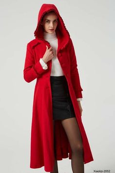 ruffle coat Fitted Red Wool Long Coat, Fitted Red Wool Coat For Winter, Elegant Hooded Wool Coat For Winter, Hooded Fall Outerwear With Ruffles, Fall Hooded Outerwear With Ruffles, Wool Dress Coat, Red Long Coat, Fit And Flare Coat, Red Cap