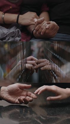 several hands reaching out to each other in front of a glass table with people's hands on it