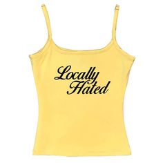 This top features "Locally Hated" in eye-catching white lettering Size:• S: Bust: 78cm/ 30.7 in, Length: 41cm/ 16.1 in• M: Bust: 82cm/ 32.3 in, Length: 42cm/ 16.5 in• L: Bust: 86cm/ 33.9 in, Length: 43cm/ 16.9 in• XL: Bust: 90cm/ 35.4 in, Length: 44cm/ 17.3 inMaterial: Cotton, Polyester Trendy Cotton Tank Top With Logo Print, Spring Fitted Tank Top With Text Print, Fitted Tank Top With Text Print For Spring, Summer Streetwear Tank Top With Text Print, Spring Streetwear Tank Top With Text Print, Summer Cotton Tops With Lettering, Summer Streetwear Text Print Tank Top, Spring Streetwear Letter Print Tank Top, Cotton Summer Tops With Lettering