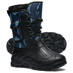 a pair of black and blue boots with camouflage print on the outstep, side view