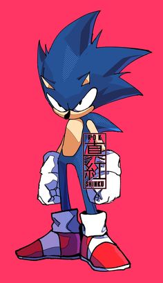 sonic the hedge cartoon character with blue hair and purple shoes, standing in front of a pink