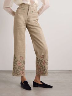 BODE Embroidered linen wide-leg pants Bode Womenswear, Embroidered Linen, Wide Leg Linen Pants, Net A Porter, Women Collection, Leg Pants, Wide Leg Pants, Porter, Straight Leg