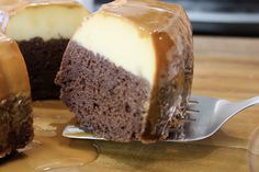 a piece of chocolate cake with caramel icing