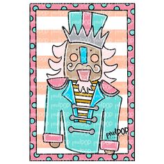 a drawing of a man with a crown on his head, wearing a blue suit and pink