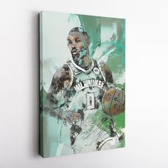 a painting of a basketball player holding a ball in his hand and on the wall