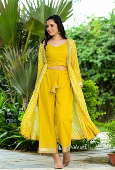 Cotton Yellow Lehariya Palazzo Set with Jacket - www.riafashions.com Plaza Crop Top Design, Plaza And Top, Crop Top Sharara Set With Jacket, Indi Western Outfits Women, Crop Top With Plazo And Jacket, Leheriya Designs, Outfit For Haldi Function, Black Skirt Outfit Party, Top With Plazo