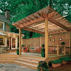 a wooden pergolan sitting on top of a patio