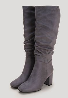 These stylish boots will make a great addition to your new season wardrobe. In a grey matt finish with slouch effect design they feature an inside zip, block heel and a round toe. Ideal for casual wear, a must-have this season! Grey Block Heels, Heel Knee High Boots, Stylish Boots, Peacocks, New Season, High Boots, Knee High Boots, Stockholm, Knee High