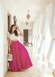 Skirt And Top Indian, Crop Top Outfits Indian, Organza Ruffle Top, Long Skirt Top Designs, Dandiya Dress, Pink Skirt Outfits, Onam Outfits, Long Skirt And Top, Crop Top Lehenga