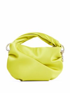 lime green tonal design satin finish single twisted top handle main compartment chain-link shoulder strap silver-tone hardware Womens Designer Bags, Spring Boots, Jimmy Choo Bag, Satin Bags, Bon Bon, Designer Shoulder Bags, Footwear Design Women, Jimmy Choo Shoes, Elegant Accessories