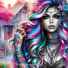 a beautiful woman with colorful hair and tattoos on her face is posing in front of a house