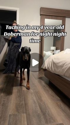 a dog standing in front of a bed next to a man