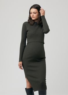 Before or after babe? You decide. This classic long-sleeve knit maternity dress features comfy, stretchy ribbing that grows with your tummy then shrinks right back once you’re no longer carrying your little one. Plus, Ripe thought of the nursing moms, too, with a discrete lift-up top. We love a good staple mom dress! 72% viscose / 28% nylon Cold hand wash separately. Do not bleach, soak, rub, or tumble dry. Gently pull to shape and dry in shade. Cool iron under protective cloth. Store folded - do not hang. Dry clean friendly. Stage: Any! Fits before, during, and after babe. Length: 45” (size small) You deserve to feel like your best self, and pregnancy shouldn’t stop that. When two moms found themselves frustrated with the lack of stylish maternity options, they founded Ripe (and we’re soo Nursing Sweater, Long Sleeve Maternity Dress, Tiffany Rose, Pregnant Wedding Dress, Maternity Nursing Dress, Maternity Midi Dress, Maternity Outfits, Party Kleidung, Stylish Maternity