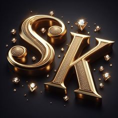 the letter k is surrounded by diamonds and other jewels on a black background with gold lettering