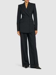 Front button and concealed zip closure. Two side pockets. Model is wearing a size40 Women Blazer, Flared Pants, Womens Blazers, Formal Outfit, Black Blazers, Blazers For Women, Flare Pants, Suits For Women, Double Breasted