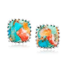 Ross-Simons - Turquoise Stud Earrings in Sterling Silver. Earthy and on trend, these vibrant 12mm square stabilized turquoise cabochon stud earrings feature a lively matrix of bright blue, peach and coppery colors. Crafted in polished sterling silver and presented in cool, contemporary settings. Post/clutch, turquoise stud earrings. Vibrant Turquoise Jewelry For Summer, Multicolor Cabochon Jewelry, Multicolor Rectangular Jewelry For Summer, Adjustable Square Turquoise Jewelry, Turquoise Stud Earrings, Fine Jewelery, Blue Peach, Fine Jewellery Earrings, Bright Blue