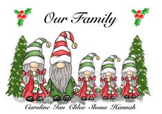 a group of gnomes standing in front of christmas trees with the words our family