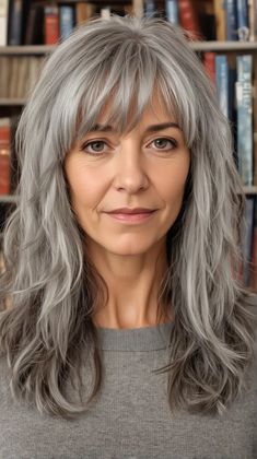 Med Length Layered Hair Over 50, Gray Hair With High And Low Lights, Wigs For Older Women Over 50, Pepper And Salt Hair, Long Shag With Bangs Over 40, Salt And Pepper Hair With Bangs, Medium Length Hair Styles Bangs, Bangs For Older Women With Long Hair And Glasses, Bangs Over 50 Medium Hair