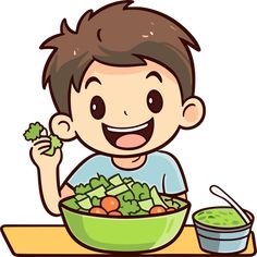 a young boy eating salad from a green bowl