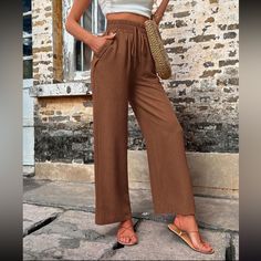 Shein Pants Slant Pocket Wide Leg Pants Brown Size Small Vacation Harem Pants With Pockets, Casual Brown Wide Leg Bottoms, Casual Brown Wide-leg Bottoms, Casual Brown High-waisted Pants, High-waisted Pants For Fall Vacation, Brown High Waist Bottoms For Day Out, Brown Bottoms With Elastic Waistband For Spring, High Waist Brown Bottoms For Day Out, Spring Brown Bottoms With Elastic Waistband