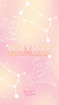 the word gemini is written in gold and white on a pink background with stars