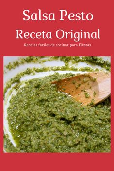 salsa pesto receta original recipe with wooden spoon in bowl on white plate and red background