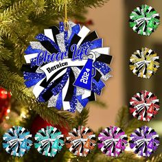 an ornament hanging from a christmas tree decorated with ribbons and snowflakes