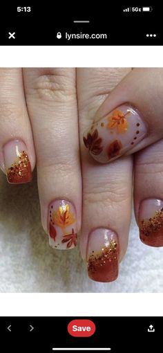 Orange And Gold Leaf Nails, Fall Nails Encapsulated Leaves, Orange Fall Nails With Leaves, Fall Leaf Glitter Nails, Autumn Fox Nail Art, Nail Art, Baby Shower