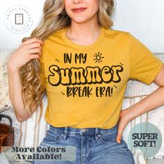 In My Summer Break Era, Disco Summer Break Shirt, End of School Year Teacher Tee, Teacher T-shirt, Era Teacher, Gift for Era Teacher OTHER ERA SHIRTS: https://www.etsy.com/shop/KristiDeRoche?ref=simple-shop-header-name&listing_id=1467667462&search_query=era UPGRADE TO COMFORT COLORS BRAND TEE HERE: https://kristideroche.etsy.com/listing/1683182149/upgrade-any-tshirt-to-a-comfort-colors-t Everyone needs the perfect t-shirt to complement an everyday, laid-back look. The ideal top for so many occas Yellow Crew Neck Top With Funny Text, Funny Yellow Top With Letter Print, Funny Yellow Tops With Letter Print, Yellow Crew Neck T-shirt With Funny Text, Yellow Casual Tops With Funny Text, Casual Yellow Tops With Funny Text, Yellow Casual Top With Funny Text, Yellow Graphic Tee With Funny Text, Funny Yellow Top With Screen Print