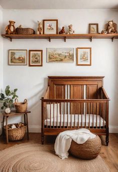 61 Dreamy Nursery Room Inspirations: From Cozy Corners to Whimsical Themes Beside Nursery Ideas, Nursery Decor Whimsical, Nursery For Surprise Gender, Ideas For Nursery Room, Wall Boards Ideas, Gender Neutral Nursery Dark Wood Crib, Nursery Dark Wood Furniture, Vintage Nursery Ideas Boy, English Style Nursery