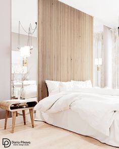 an instagram page with a white bed and wooden slats on the headboard