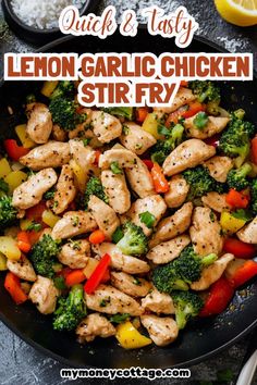 chicken, broccoli and peppers in a skillet with lemon garlic stir fry