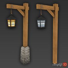 two lanterns hanging from the side of a wooden structure with rocks and wood posts on it