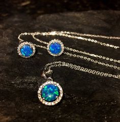 Opal Necklace and earring set-  Blue Opal Necklace-Sterling Silver - Necklace and earrings - opal ea Black Opal Jewelry, Fire Blue, Blue Opal Earrings, Blue Fire Opal, Blue Opal Necklace, Fire Opal Necklace, Daily Jewelry, Blue Fire, Necklace And Earring Set