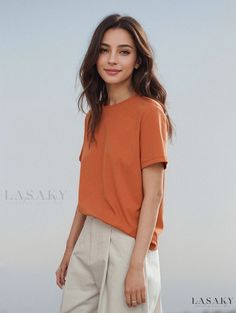 Lasaky - Love and Nancys Thirteen-Lined Breathable Classic Basic Cotton Shirt Casual Orange Plain Tops, Casual Plain Orange Tops, Orange Crew Neck Top For Everyday, Orange Short Sleeve Solid Color Tops, Casual Orange T-shirt For Everyday, Everyday Orange Crew Neck Top, Orange Relaxed Fit Top For Everyday, Orange Top For Everyday Fall Wear, Fall Orange Top For Everyday