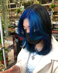 Black And Bright Blue Hair, Partial Blue Hair, Wolf Cut With Blue Highlights, Black And Blue Hair Short, Blue Bangs Hair, Colerd Hair, Hair Dye Ideas Blue, Dye Ideas For Short Hair, Blue Hair Dye Ideas