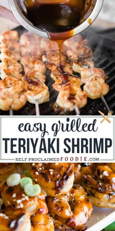 grilled shrimp being drizzled with teriyaki sauce