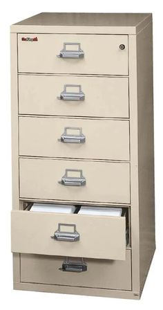 a four drawer file cabinet with several drawers on each side and two open files in the middle