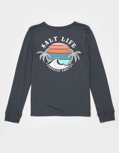 Salt Life Paradise Long Sleeve Tee. Graphic Screened At Left Chest. Large Graphic On Back. Crew Neck. Cuffed Long Sleeves. 100% Cotton. Machine Wash. Imported. | Salt Life Paradise Girls Long Sleeve Tee Paradise Girl, Overalls Boys, Chino Pants Women, Wwe T Shirts, Graphic Trends, Boys Graphic Tee, Girls Graphic Tee, Salt Life, Girls Blouse