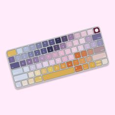 a computer keyboard on a pink background with the keys highlighted in yellow and purple colors