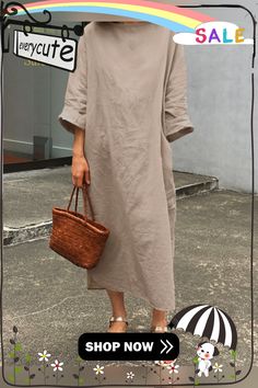 Solid Long Sleeve Round Neck Casual Cotton Maxi Dress Brown Solid Color Midi Dress For Spring, Oversized Solid Color Casual Midi Dress, Oversized Solid Color Midi Dress In Casual Style, Oversized Solid Color Midi Dress For Spring, Casual Plain Spring Dress, Spring Solid Color Relaxed Fit Midi Dress, Solid Color Relaxed Fit Midi Dress For Spring, Casual Oversized Solid Color Midi Dress, Brown Relaxed Fit Midi Dress For Spring